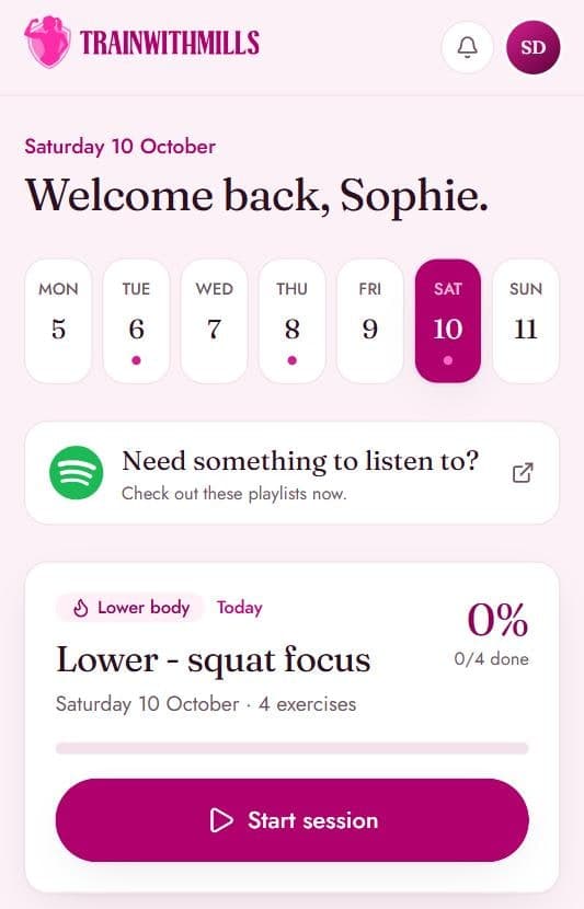 The portal on a phone, showing today's training session